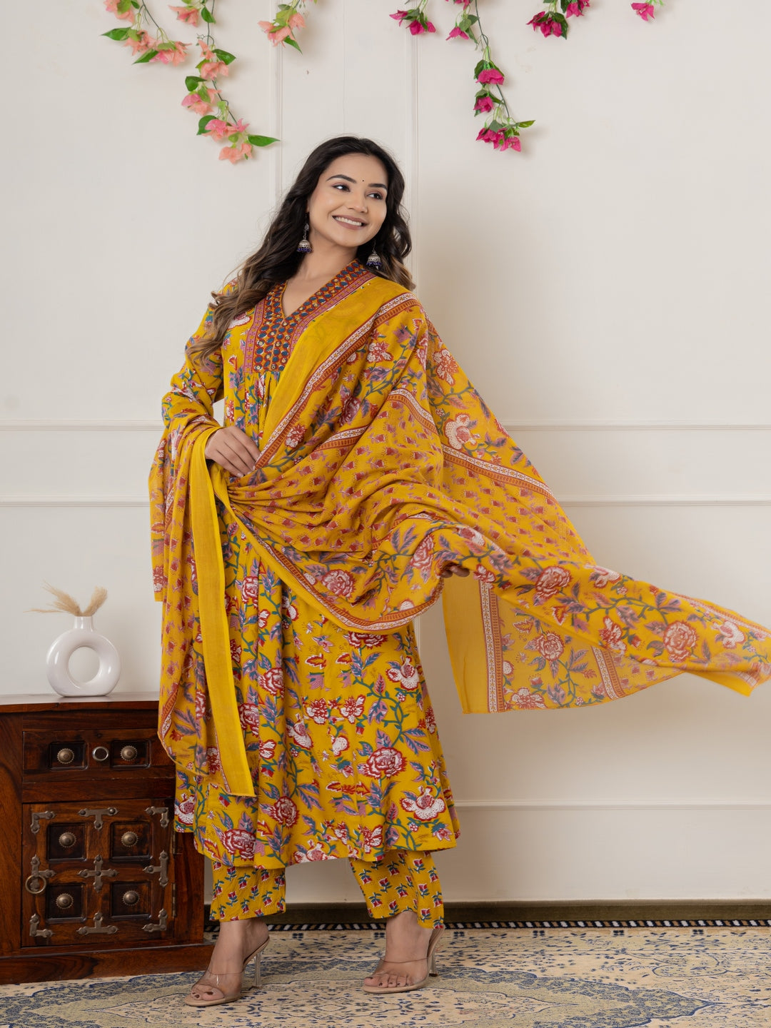 Rayon Printed Anarkali Kurta With Palazzo &amp; Dupatta Set