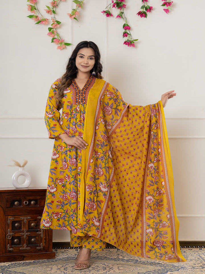 Rayon Printed Anarkali Kurta With Palazzo &amp; Dupatta Set
