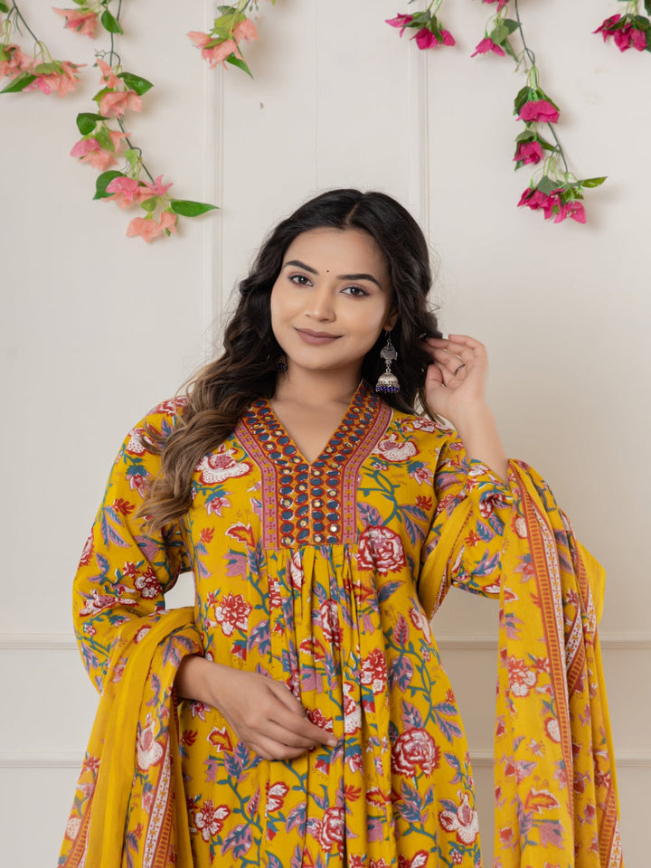 Rayon Printed Anarkali Kurta With Palazzo &amp; Dupatta Set