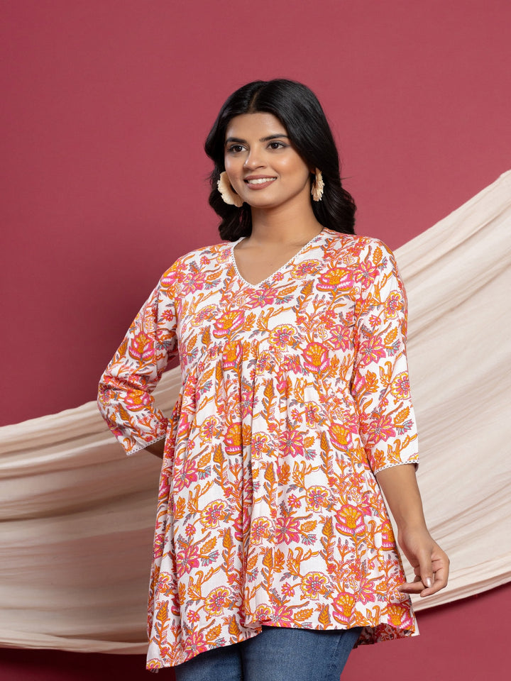 Printed Flared V-Neck Rayon Top