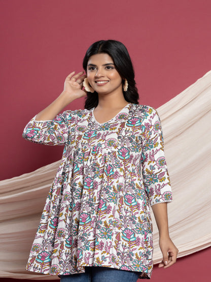 Printed Flared V-Neck Rayon Top