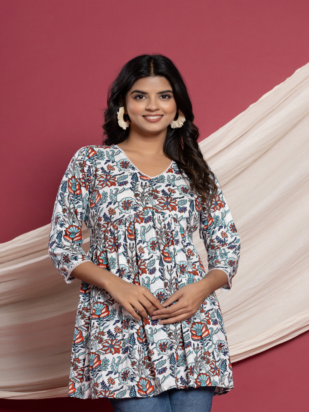 Printed Flared V-Neck Rayon Top