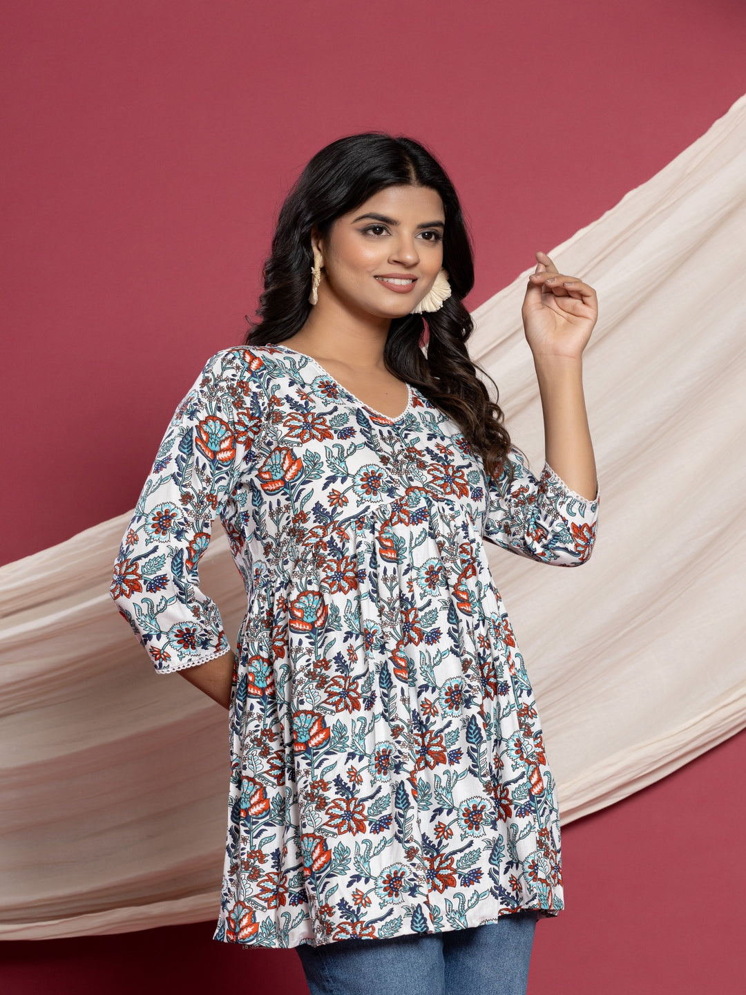 Printed Flared V-Neck Rayon Top
