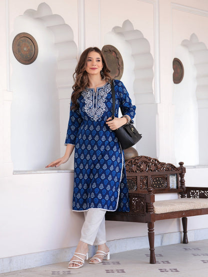 Embroidered Pure Cotton Blue Kurta