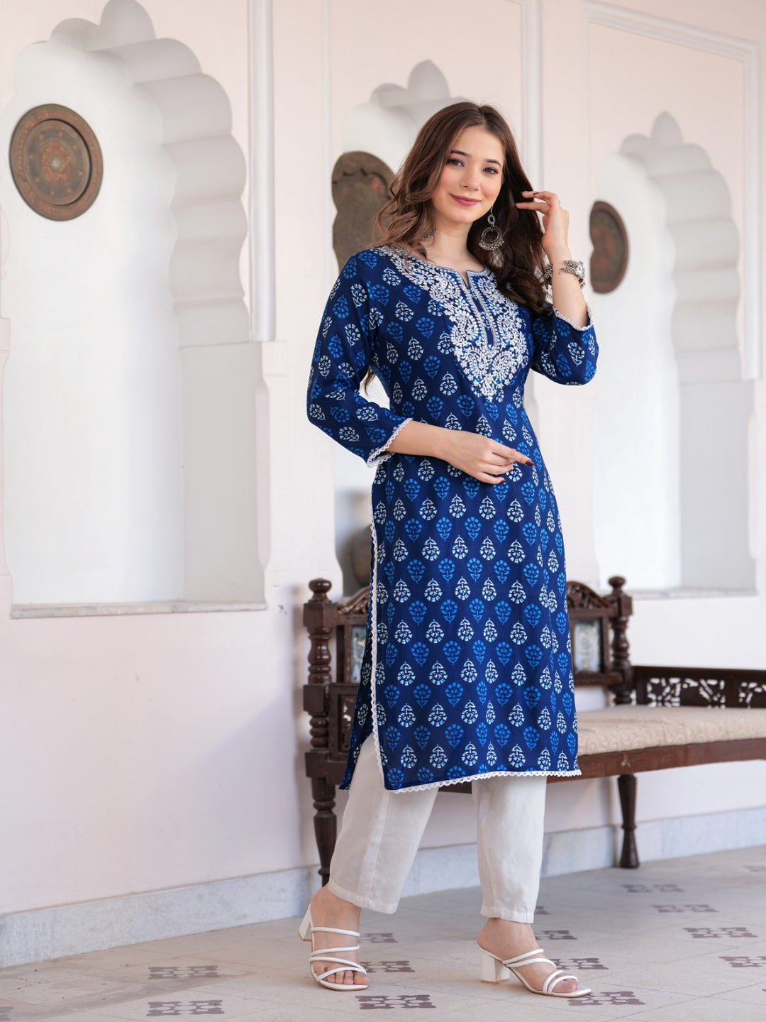Embroidered Pure Cotton Blue Kurta