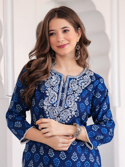 Embroidered Pure Cotton Blue Kurta