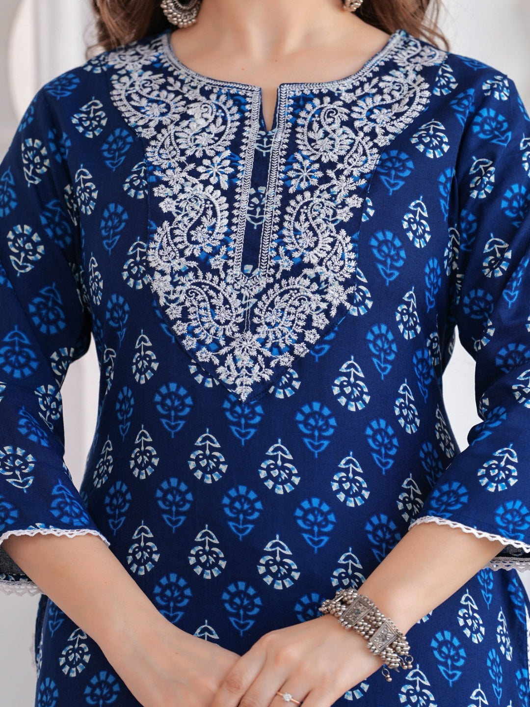 Embroidered Pure Cotton Blue Kurta
