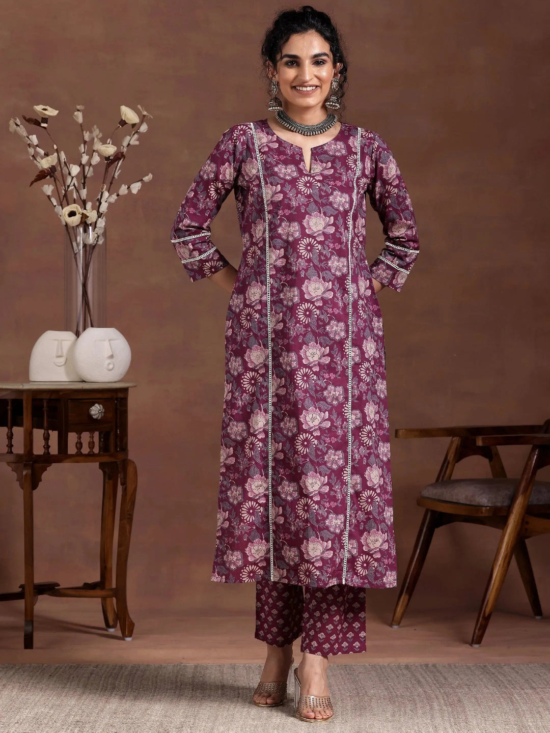 Printed Cotton Wine Kurta Set