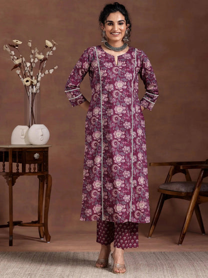 Printed Cotton Wine Kurta Set