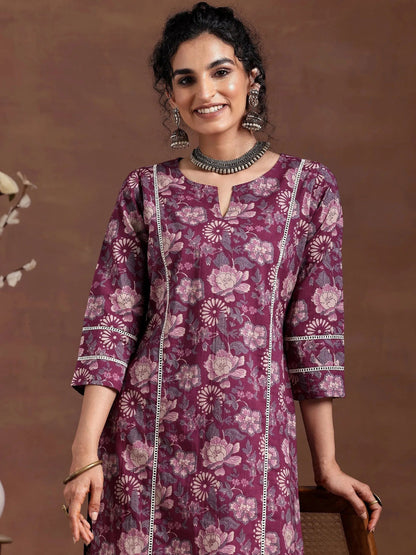 Printed Cotton Wine Kurta Set