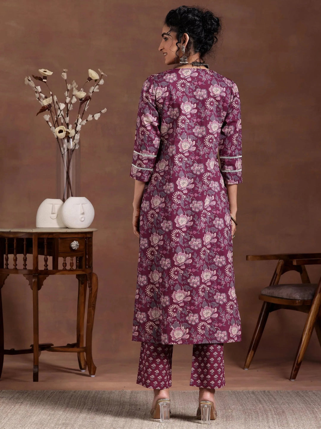 Printed Cotton Wine Kurta Set