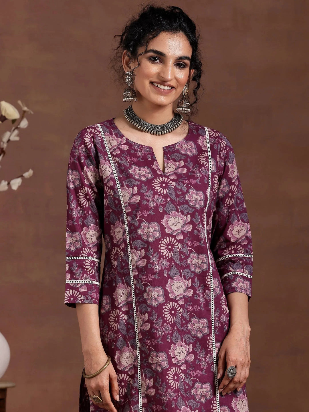Printed Cotton Wine Kurta Set