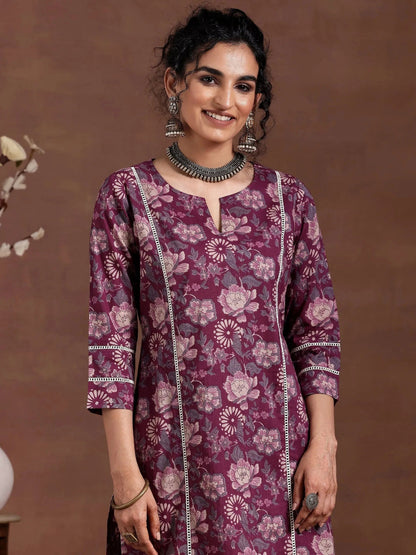 Printed Cotton Wine Kurta Set