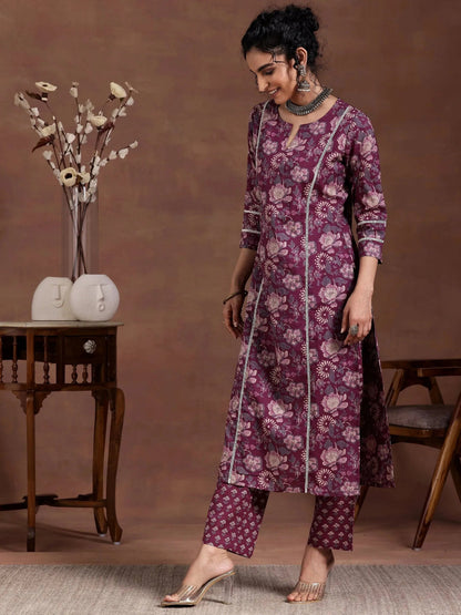 Printed Cotton Wine Kurta Set