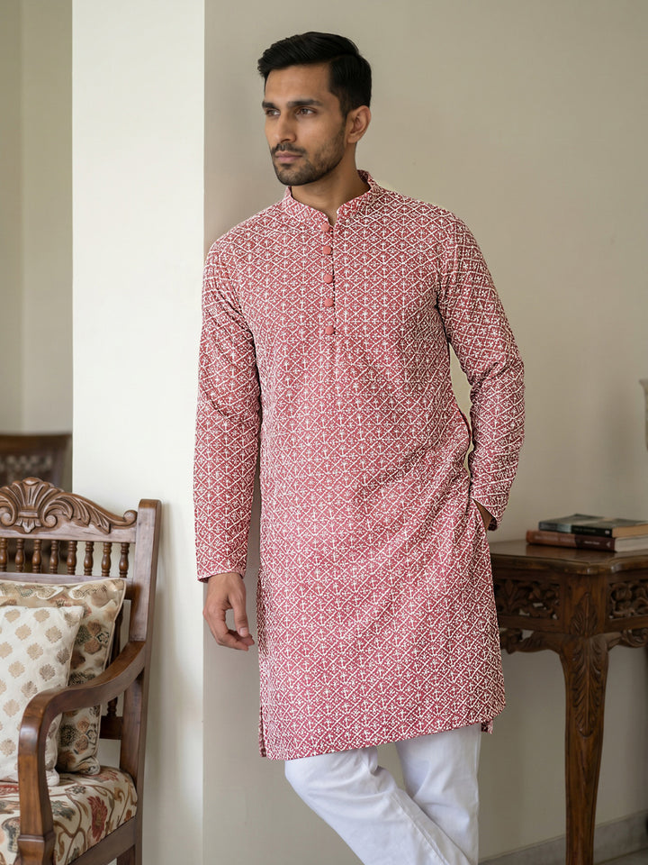 Floral Embroidered Kurta Pyjama Set For Men