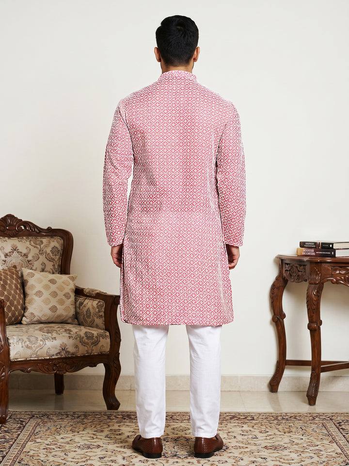 Floral Embroidered Kurta Pyjama Set For Men