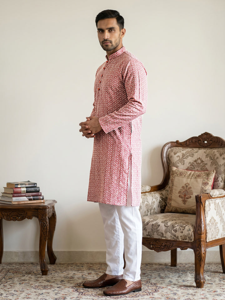 Floral Embroidered Kurta Pyjama Set For Men