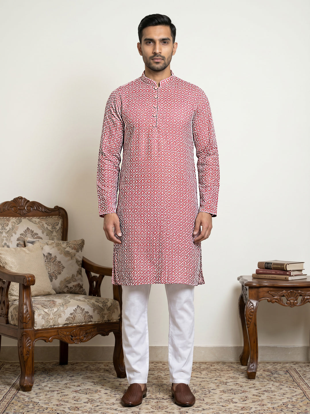 Floral Embroidered Kurta Pyjama Set For Men