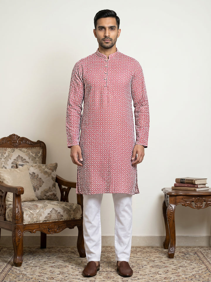 Floral Embroidered Kurta Pyjama Set For Men