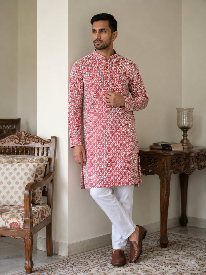 Floral Embroidered Kurta Pyjama Set For Men