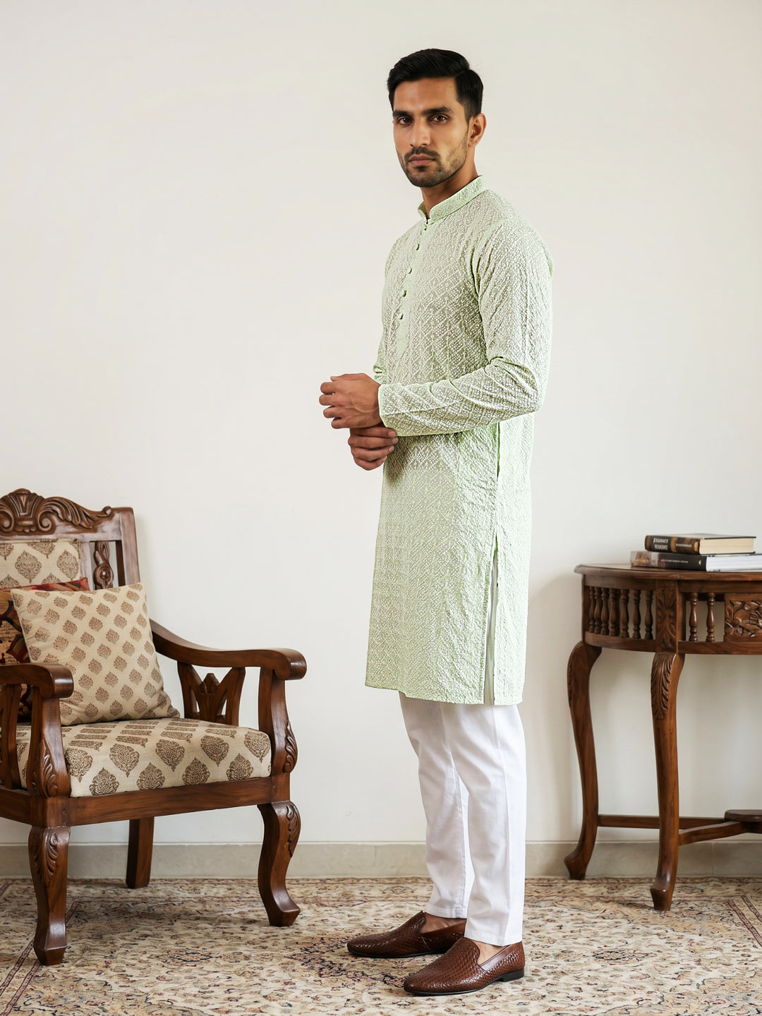 Floral Embroidered Kurta Pyjama Set For Men