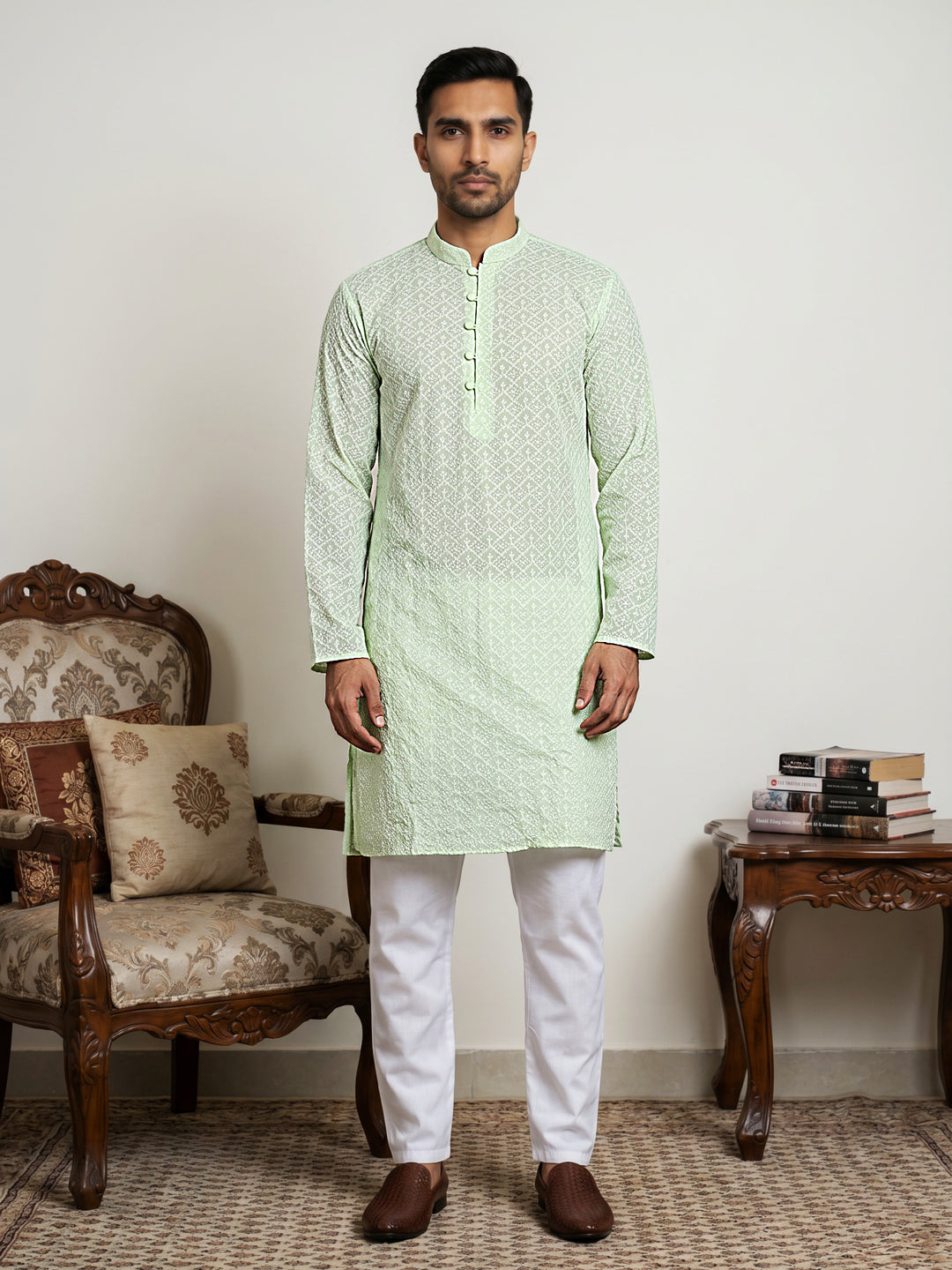 Floral Embroidered Kurta Pyjama Set For Men