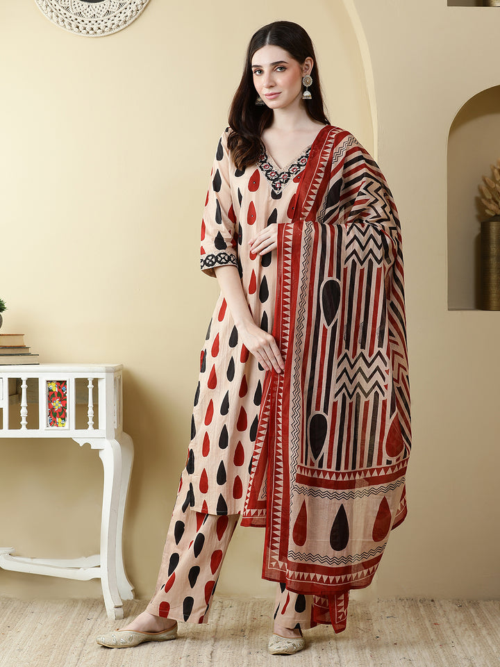 Straight Pure Cotton Printed Kurta Set With Dupatta