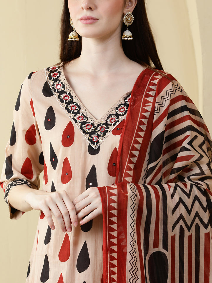 Straight Pure Cotton Printed Kurta Set With Dupatta
