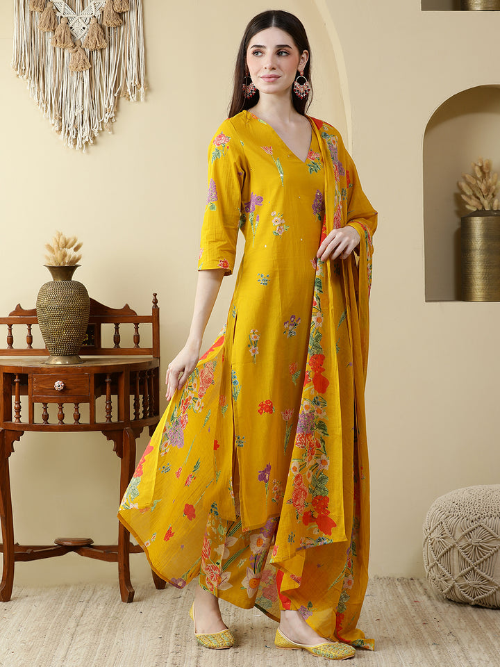 Straight Pure Cotton Printed Kurta Set With Dupatta