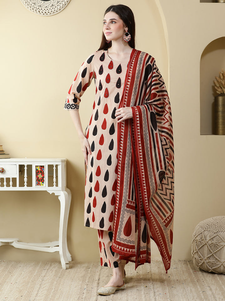 Straight Pure Cotton Printed Kurta Set With Dupatta