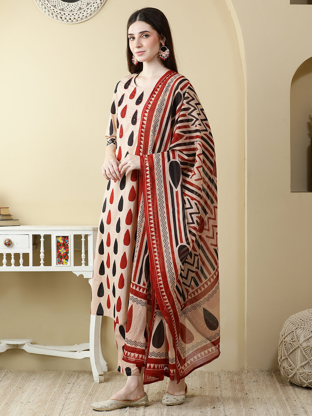 Straight Pure Cotton Printed Kurta Set With Dupatta