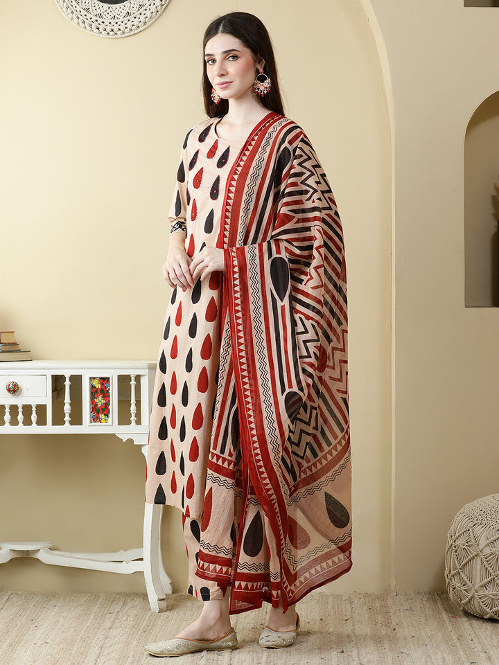 Straight Pure Cotton Printed Kurta Set With Dupatta