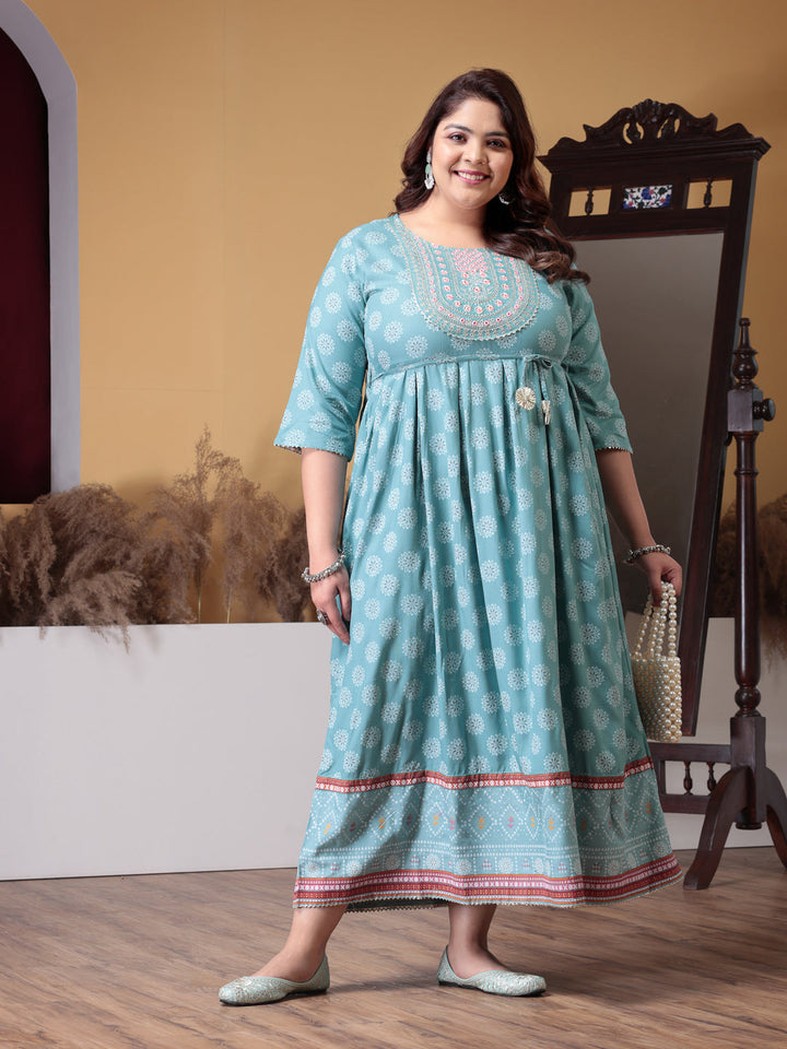 Plus Size Printed &amp; Embroidered Rayon Flared Kurta