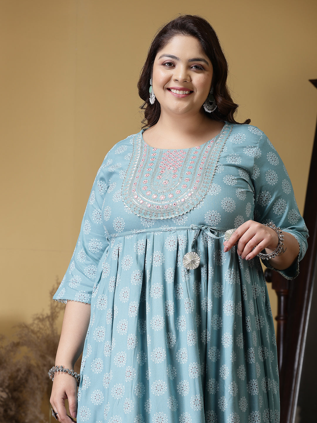 Plus Size Printed &amp; Embroidered Rayon Flared Kurta