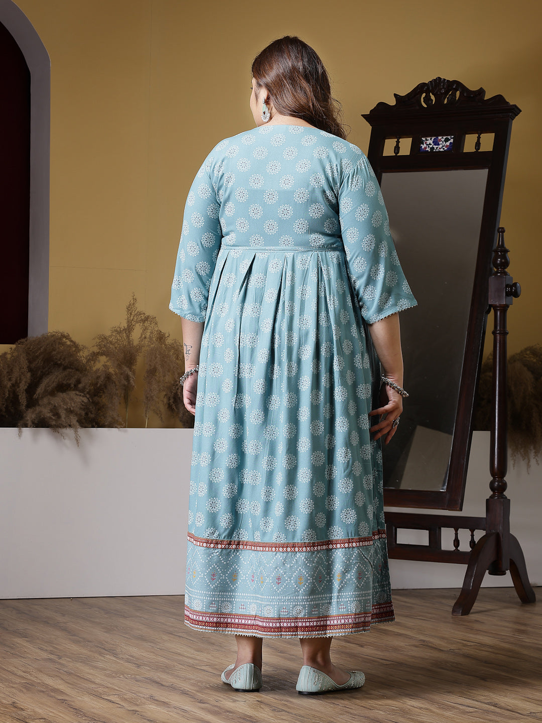 Plus Size Printed &amp; Embroidered Rayon Flared Kurta