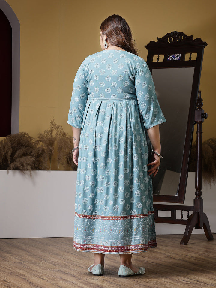 Plus Size Printed &amp; Embroidered Rayon Flared Kurta