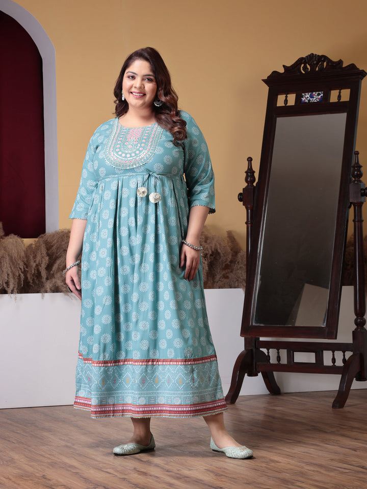 Plus Size Printed &amp; Embroidered Rayon Flared Kurta