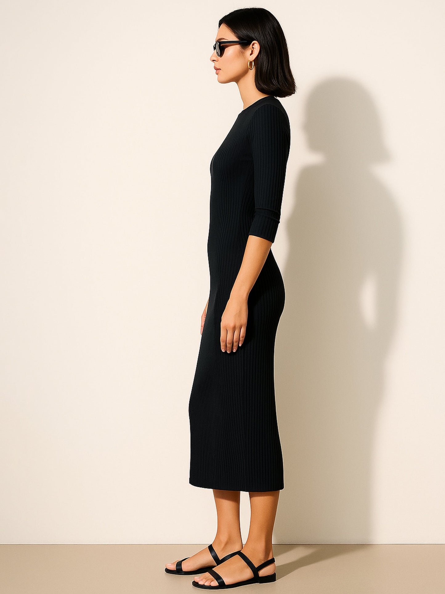 Black Rib Mock Round Neck Midi Dress