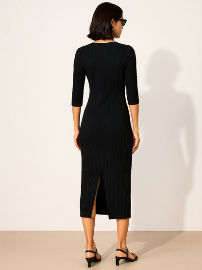 Black Rib Mock Round Neck Midi Dress