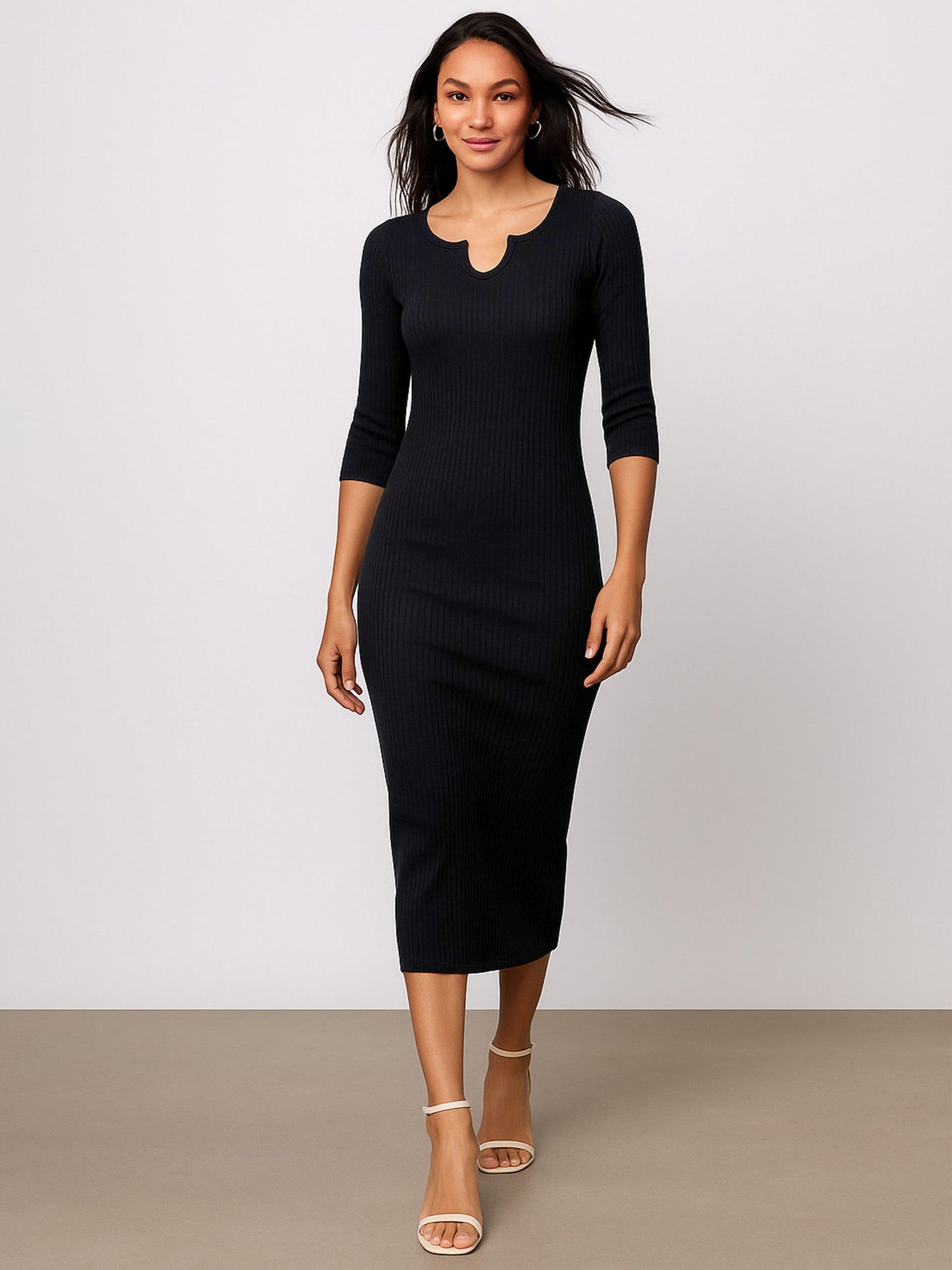 Black Rib Basic V-Neck Midi Dress