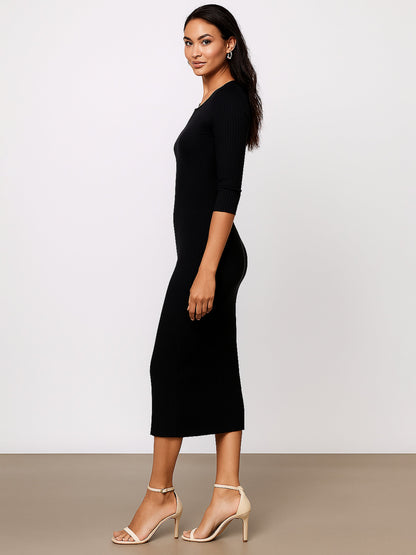 Black Rib Basic V-Neck Midi Dress