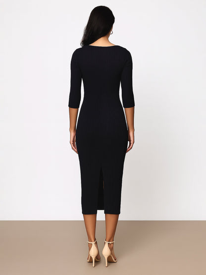 Black Rib Basic V-Neck Midi Dress