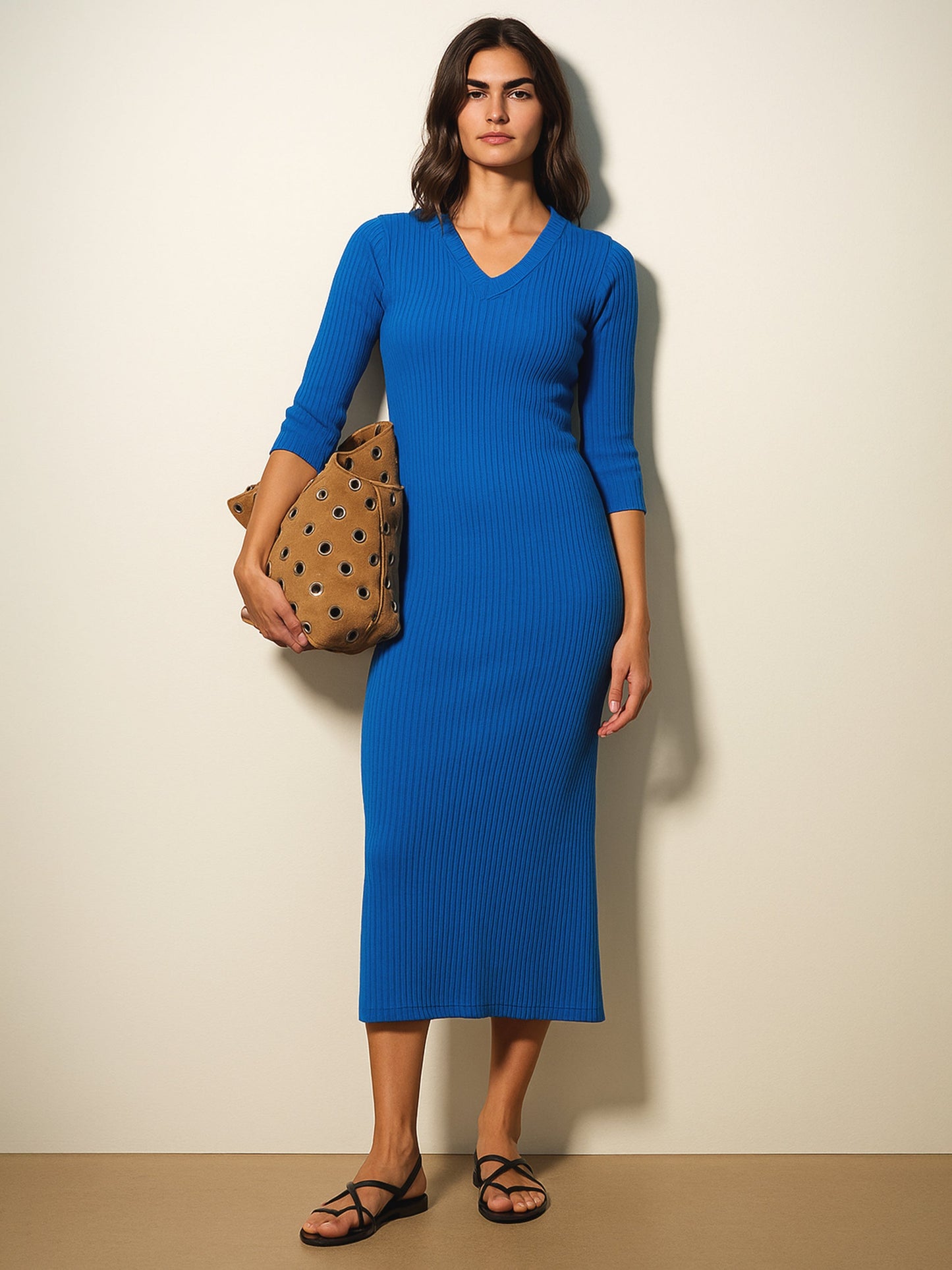 Royal Blue Rib Basic V-Neck Midi Dress