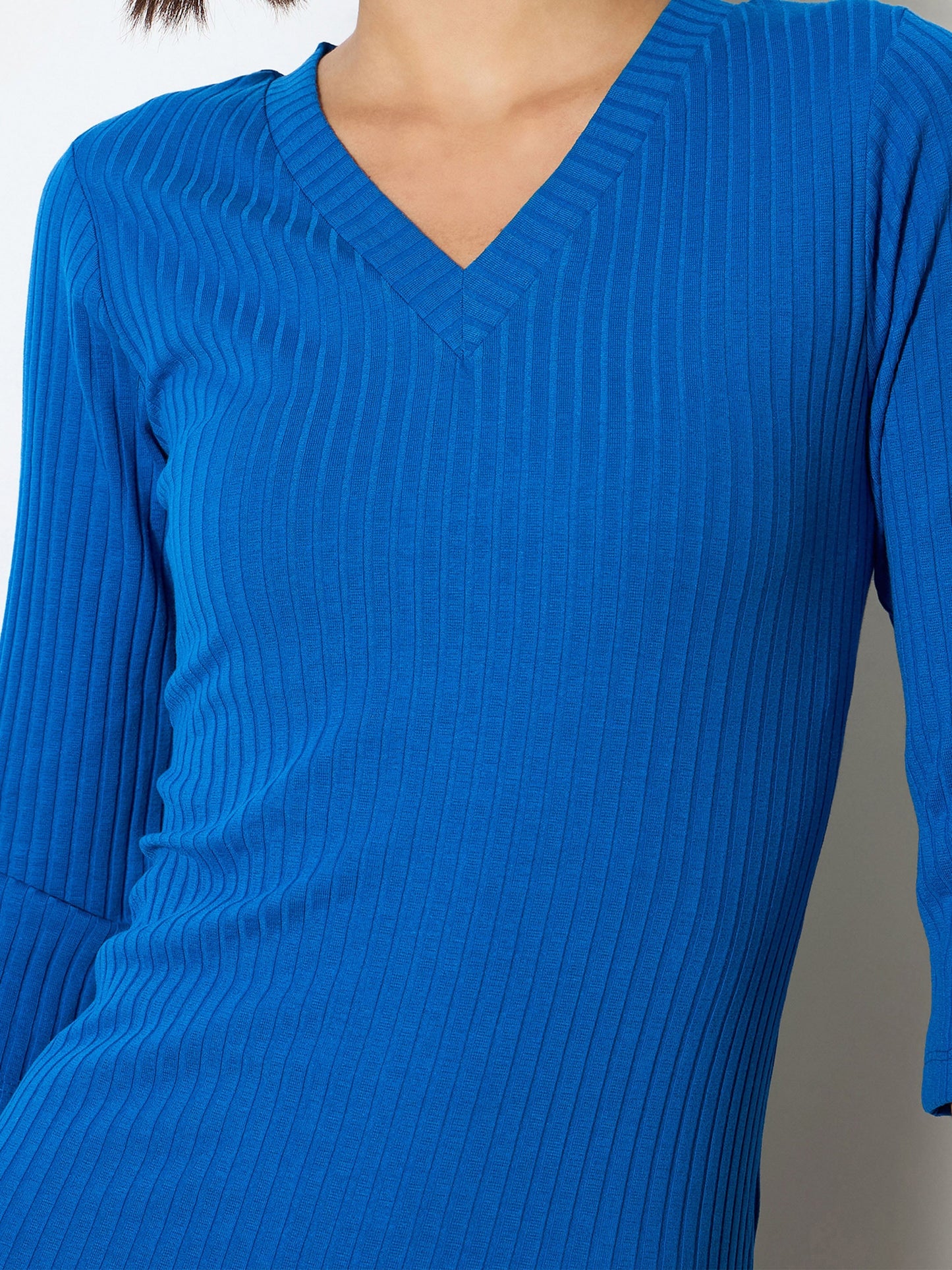 Royal Blue Rib Basic V-Neck Midi Dress