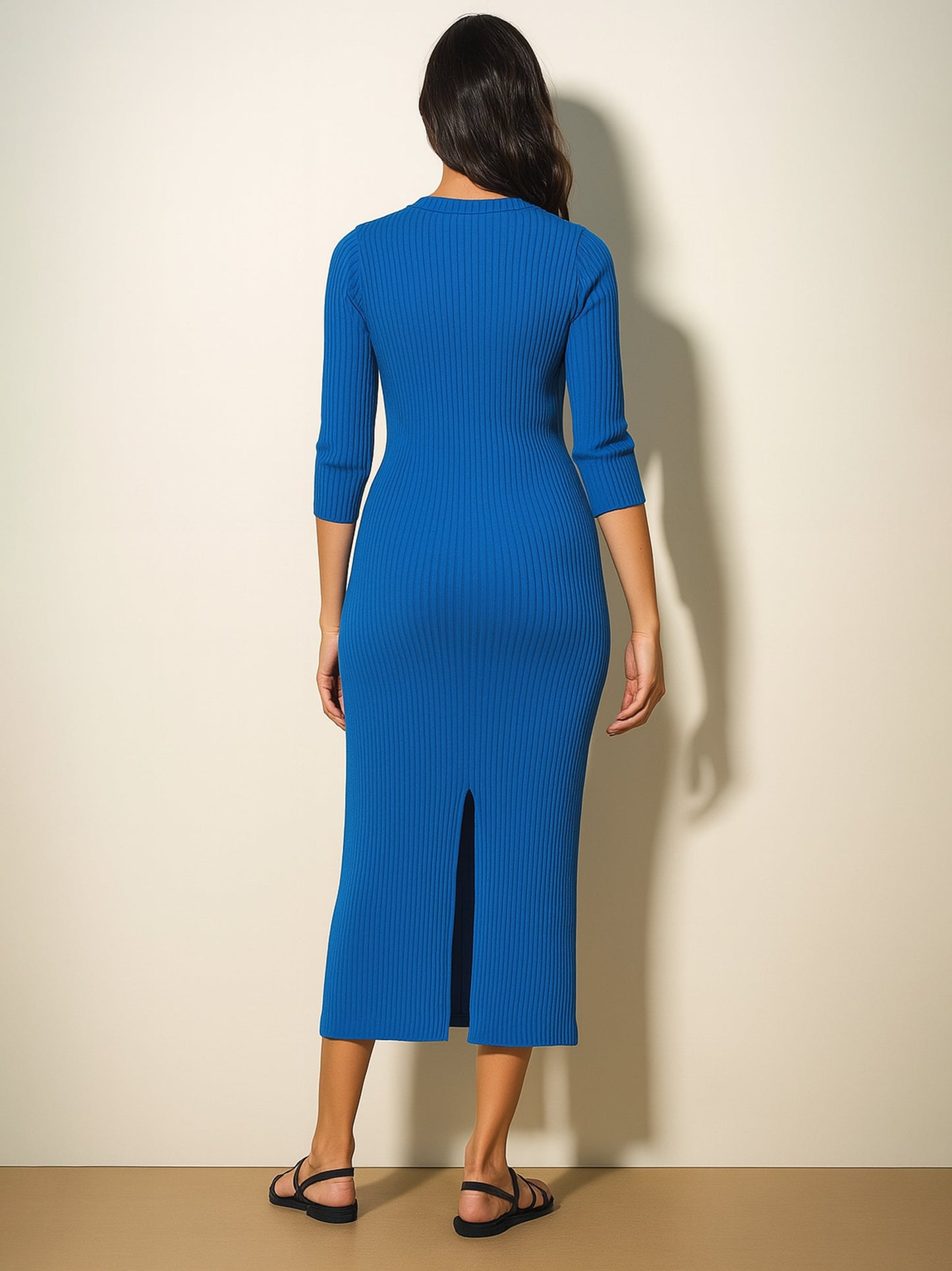 Royal Blue Rib Basic V-Neck Midi Dress