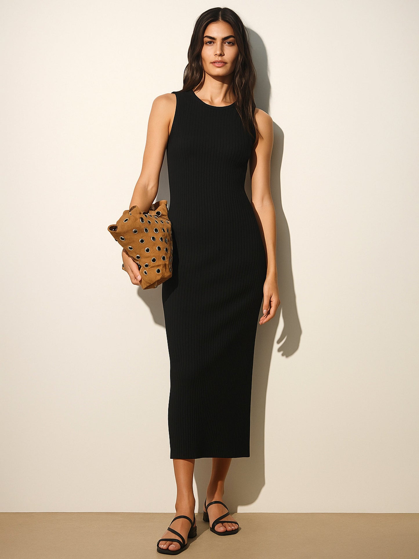 Black Rib Back Cut-Out Midi Dress