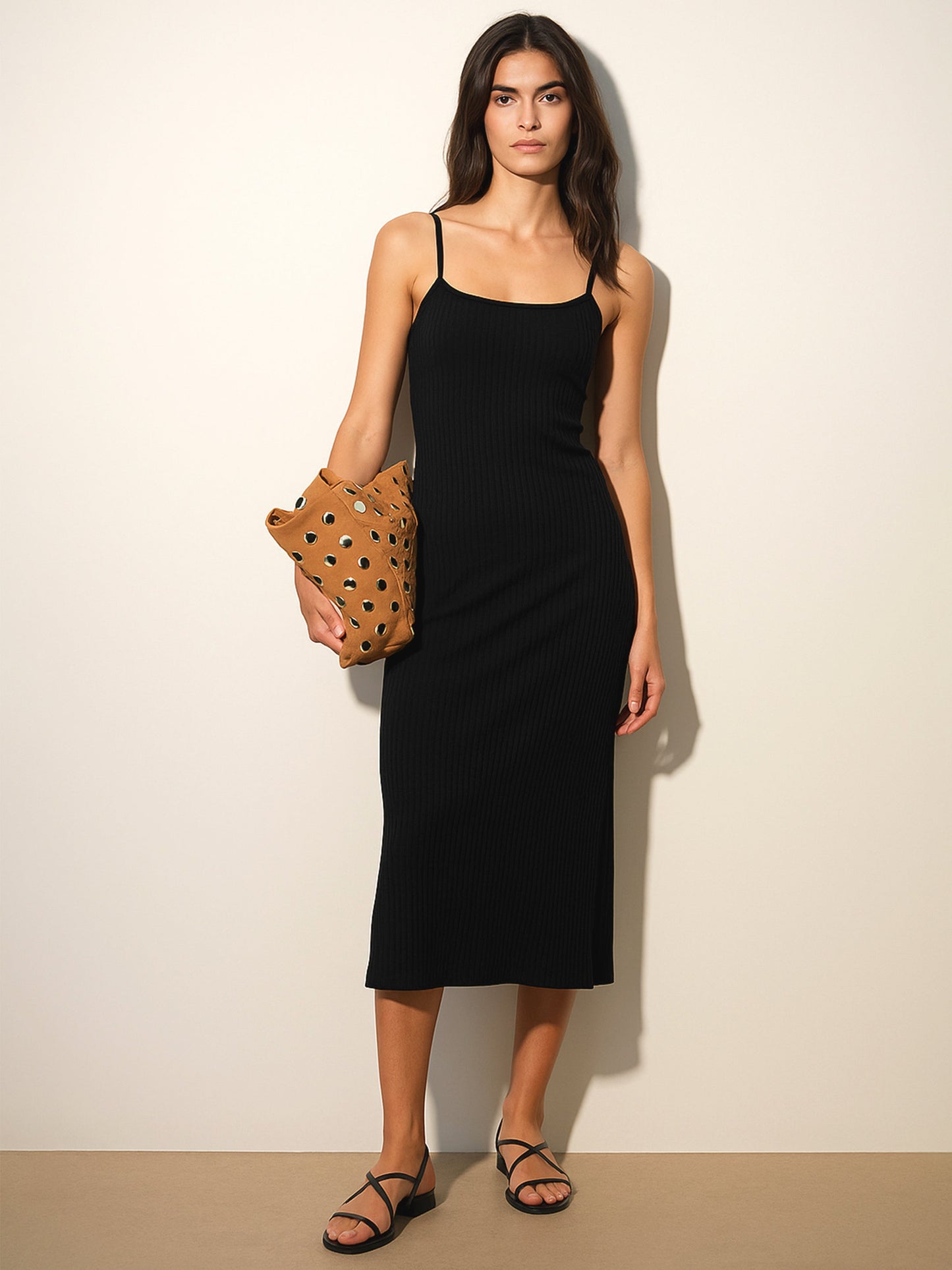 Black Rib Strappy Slip-on Dress