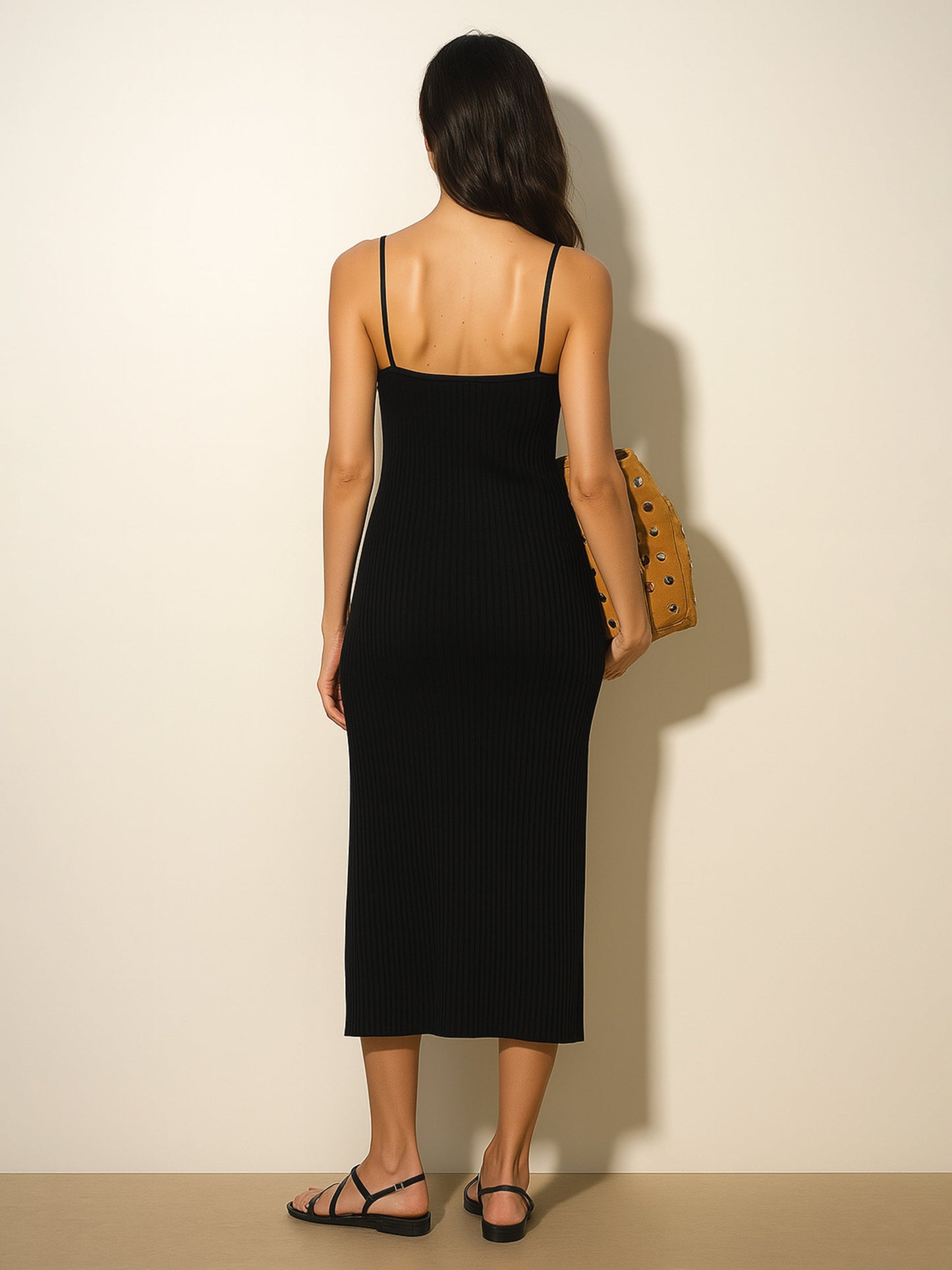 Black Rib Strappy Slip-on Dress