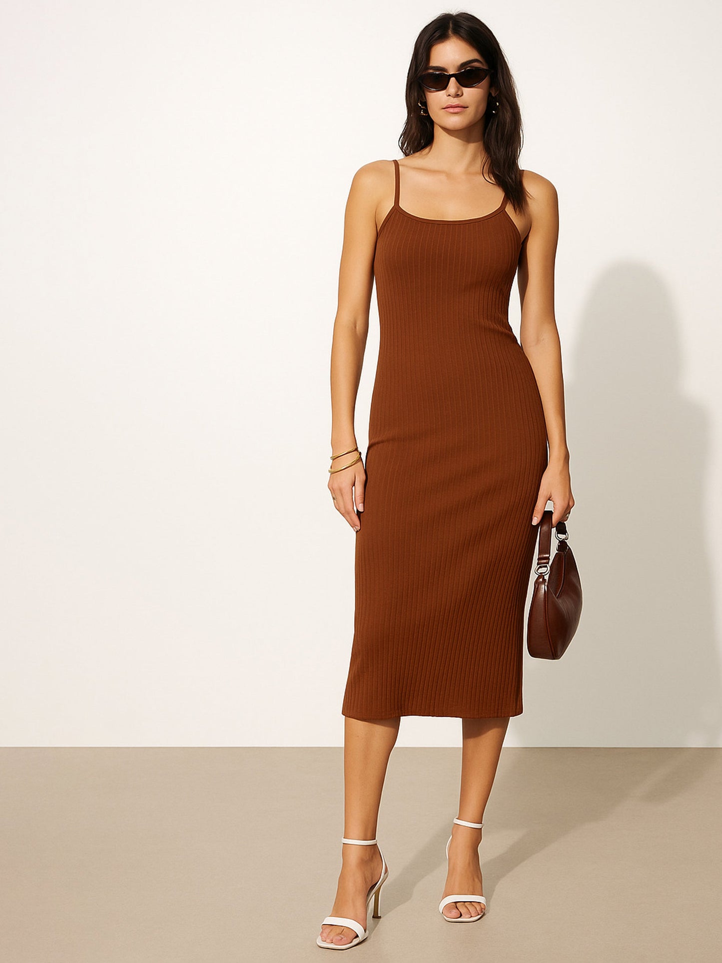 Brown Rib Strappy Slip-on Dress