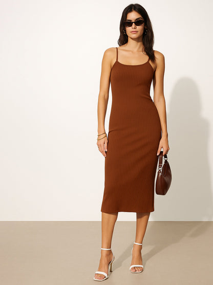 Brown Rib Strappy Slip-on Dress